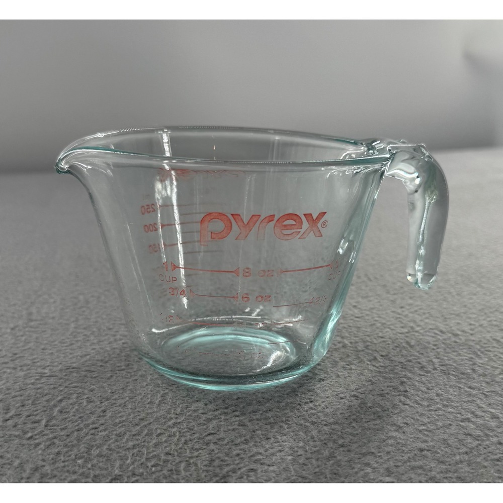 Pyrex Measuring Cup 1 Cup Clear Glass Red Lettering Metric Vtg Kitchen Baking